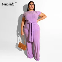 Laughido Plus Size Women Set Belt Short Sleeve Tops And Straight Long Pants 2 Piece Set Casual Suits Sexy Outfits Women Clothing