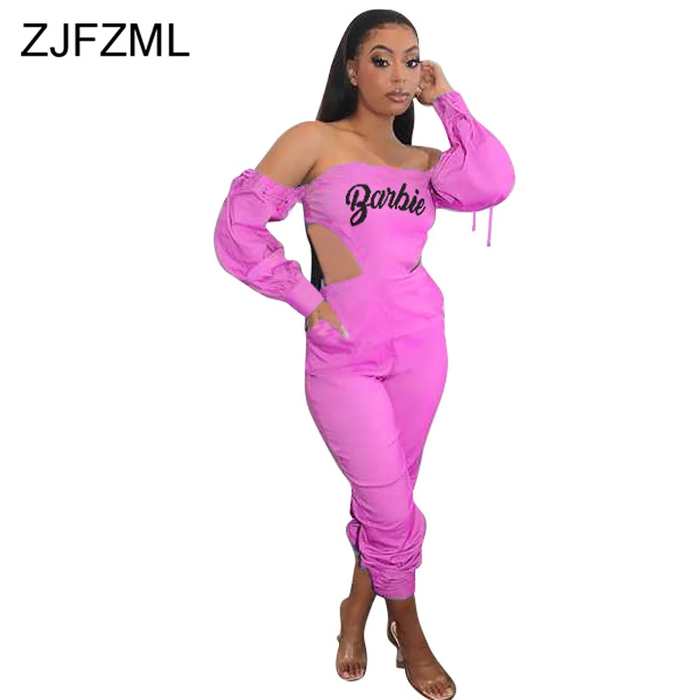Mono con estampado de letras y hombros descubiertos para mujer, mono con banda en la cintura recortada, ropa de calle sin espalda, trajes largos de manga larga
