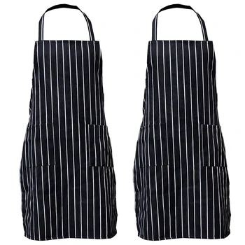 

2 Pack Stripe Bib Apron with Pockets Black Cooking Kitchen Chef Apron Gift for Women Men - 30.3 Inch Length By 24 Inch Width