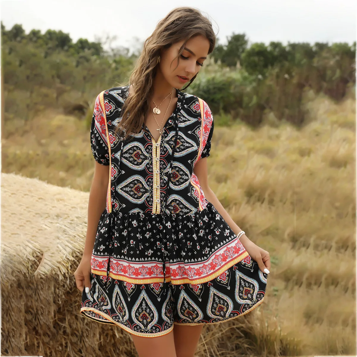Jumpsuit Women Overalls Tassel-Patchwork Jastie Pattern-Print Rompers Vintage V-Neck