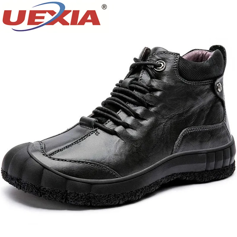 

UEXIA New Genuine Leather Men Boot Fashion Winter Snow Boots Warm Plush Ankle Toe collision Shoes Men's Outdoor Sport Footwear