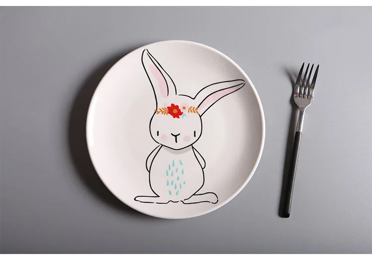 4Pcs Cute Cartoon Rabbit Ceramic Plate Cake Dinner Dish Creative Bone Porcelain Cattle Drainage Fruit Plate Dessert Dish