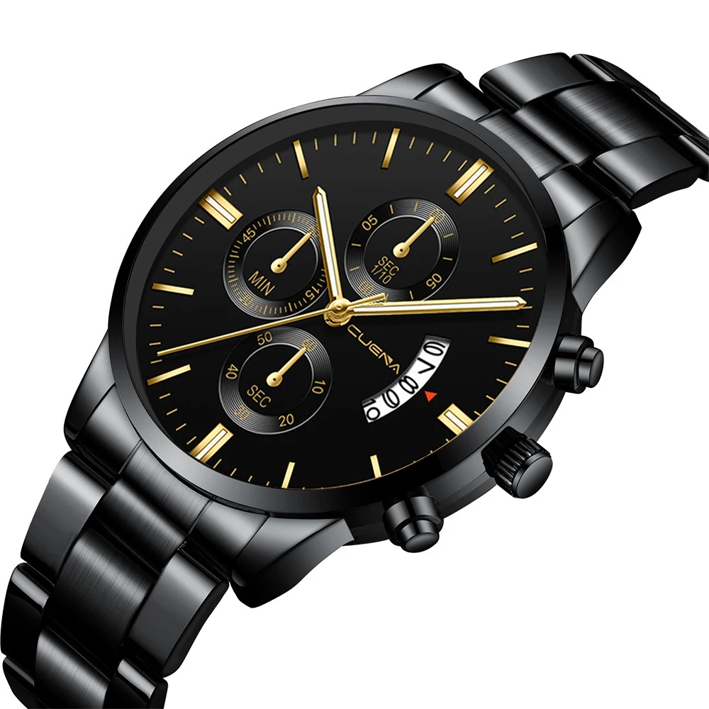 

Black shell gold hands men's quartz steel belt watch Korean version of the simple trend table wholesale with calendar watch