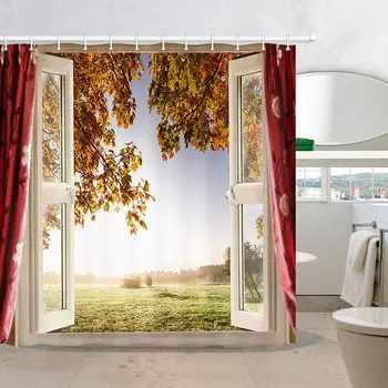 

Autumn Sunshine Forest Fall Leaves Shower Curtains, Wooden Window View Farmhouse Natural Scenery Polyester Fabric Apartment