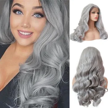 

RONGDUOYI Long Body Wave Synthetic Lace Front Wig for Women Heat Resistant Fiber Natural Hairline Gray Wigs Middle Part Hair