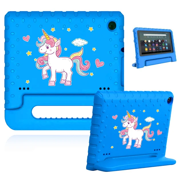 Cute Cartoon Kids Cover for Fire 7 (5th 7th 9th Gen)/HD 8 Tablet Handle Stand Funda Case for Fire HD 8 Plus (10th Gen 2020) 7.blue case-white un
