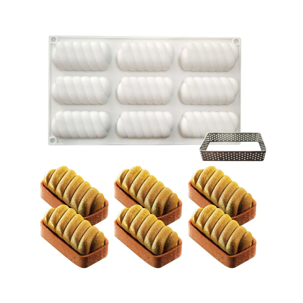 Silikon Mousse kek kalıpları 3D Bakeware DIY kalıp, paslanmaz çelik dikdörtgen gevrek aracı, 8 delik bükülmüş Tart şekli