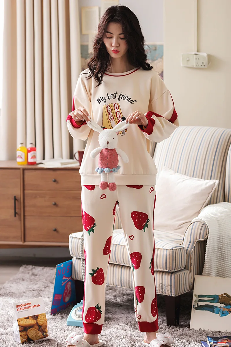 

2019 Pajamas Women's Spring And Autumn Pure Cotton Korean-style Pullover Tracksuit Sweet Long-sleeve Suit Students Long Sleeve T