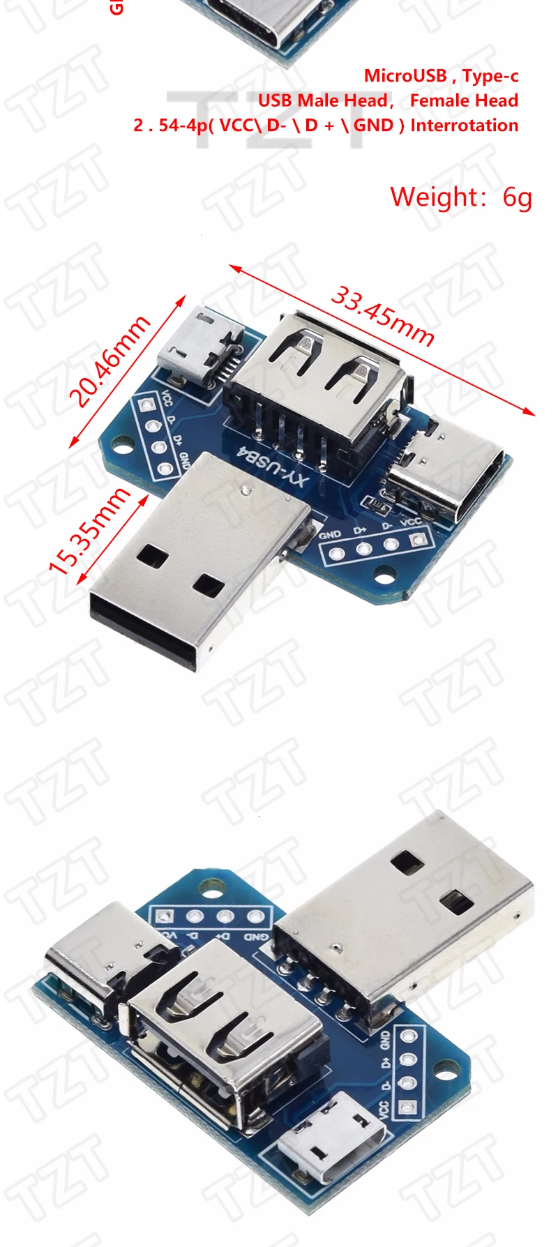 1/5PCS USB Kopf Schalttafel Stecker USB Stecker auf Typ-c Micro Weibliche USB 2,54-4P transfer test bord USB adapter platte XY-USB4 – Detail 2