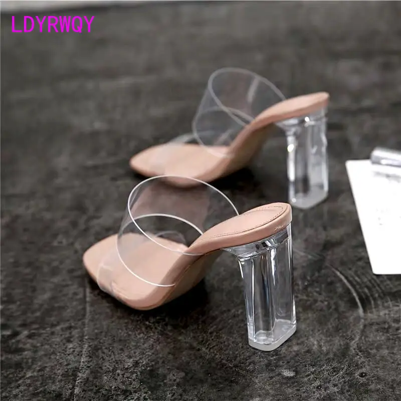 2021 new summer transparent women's mid-heel thick-heel crystal high-heeled slippers