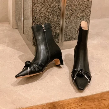 

2020 Genuine Leather Pointed Toe Women's Ankle Boots Sexy Retro High Heels Pumps Wedding Night Club Shoes Woman