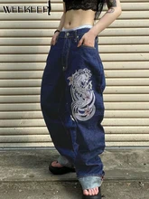 Weekeep Chinese Dragon Graphic Jeans Women Streetwear Oversized Mom Jean Y2k Vintage Print Baggy High Waist Straight Denim Pants