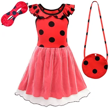 

Summer Girls Red black Dot Ladybug mesh Dresses Children Birthday Halloween Carnival Party Ladybug Cosplay Costume