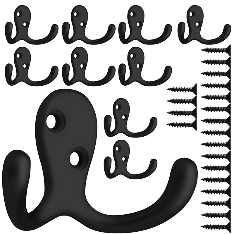 

10 Pcs Heavy Duty Double Prong Coat Hooks Wall Mounted with 20 Screws Retro Double Robe Hooks Utility Hooks for Coat Scarf Bag T