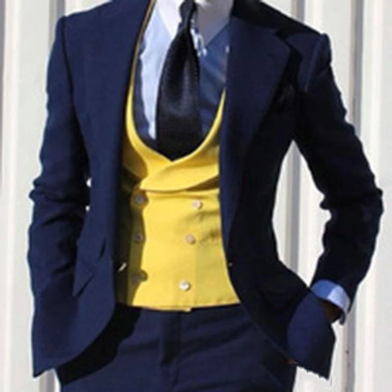 

Navy Blue Three Pieces (Blazer+Pant+Vest) Wedding Men Suits With Notched Lapel Business Formal Tuxedos Bridegroom Suits