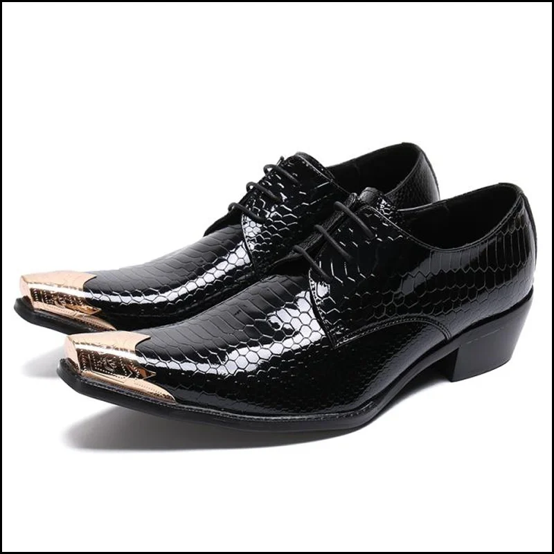 Alligator Pattern High Heels Man Formal Dress Party Shoes Patent Leather Oxfords Metal Toe Derby Men's Wedding Flats SL678