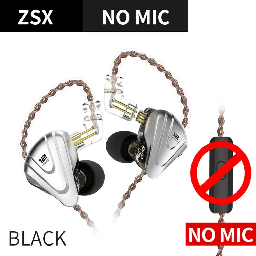 KZ ZSX Terminator Metal Headset 5BA+1DD Hybrid-iron Mixing 12 Drivers HIFI Bass Earbuds Wired Music Sports In Ear Earphones - Цвет: black no mic