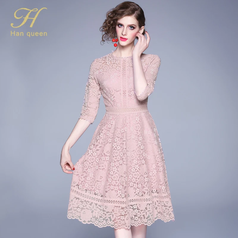 pink H Han queen элегантное кружевное платье с вырезами женское осеннее винтажное Сексуальное вечернее Повседневное платье длиной до колена Vestidos - Цвет: pink