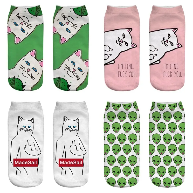 Модные женские короткие носки-башмачки; короткие носки-башмачки с 3D-принтом кота, пришельца; забавные удобные счастливые носки; Новинка года