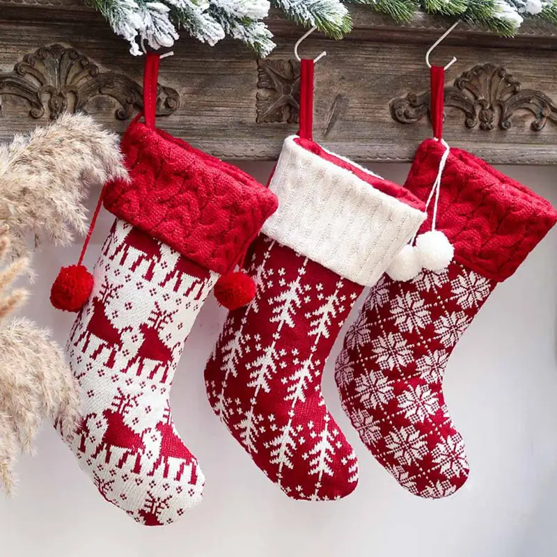 1 Pcs Christmas Stockings Gift Bag Knitted Wool Socks Christmas Tree Ornaments New Year Kids Gift Xmas Candy Apple Large Bags