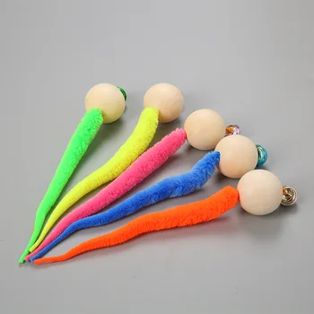 

NEW Simulation Worm Toy With Bell For Pet Wooden Ball Head Plush Tail Interactive Teaser Cat Toy wooden ball toy