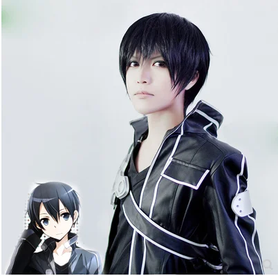 wig Sword Art Online SAO Kirito Kirigaya Kazuto, длинное пальто для косплея, черная накидка, мужские вечерние костюмы на Хэллоуин - Цвет: wig