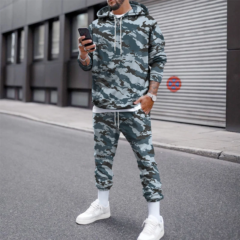 Conjunto de 2 piezas con estampado de camuflaje para chándal informal de manga larga, de gran tamaño Sudadera con y pantalón de chándal, ropa deportiva|Conjuntos para hombres| - AliExpress