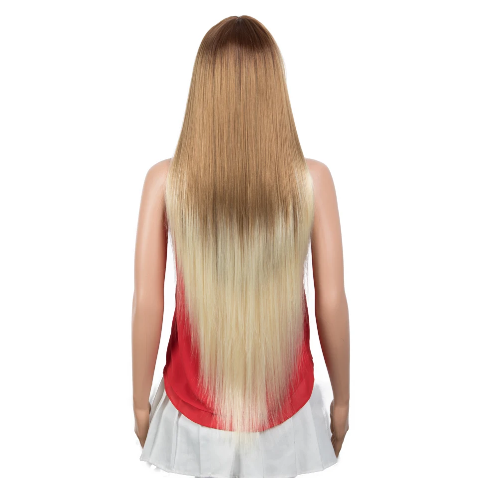 FASHION IDOL Synthetic Wig With Bangs 36 Inch Long Straight Wig Cosplay Ombre Blond Wigs For Black Women Heat Resistant Fiber