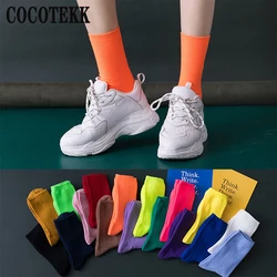 Harajuku Fashion Women Lady Cotton Socks Loose Stacked Bright Neon Rose Green Colorful Long Solid Colors Soft Fluorescent Socks