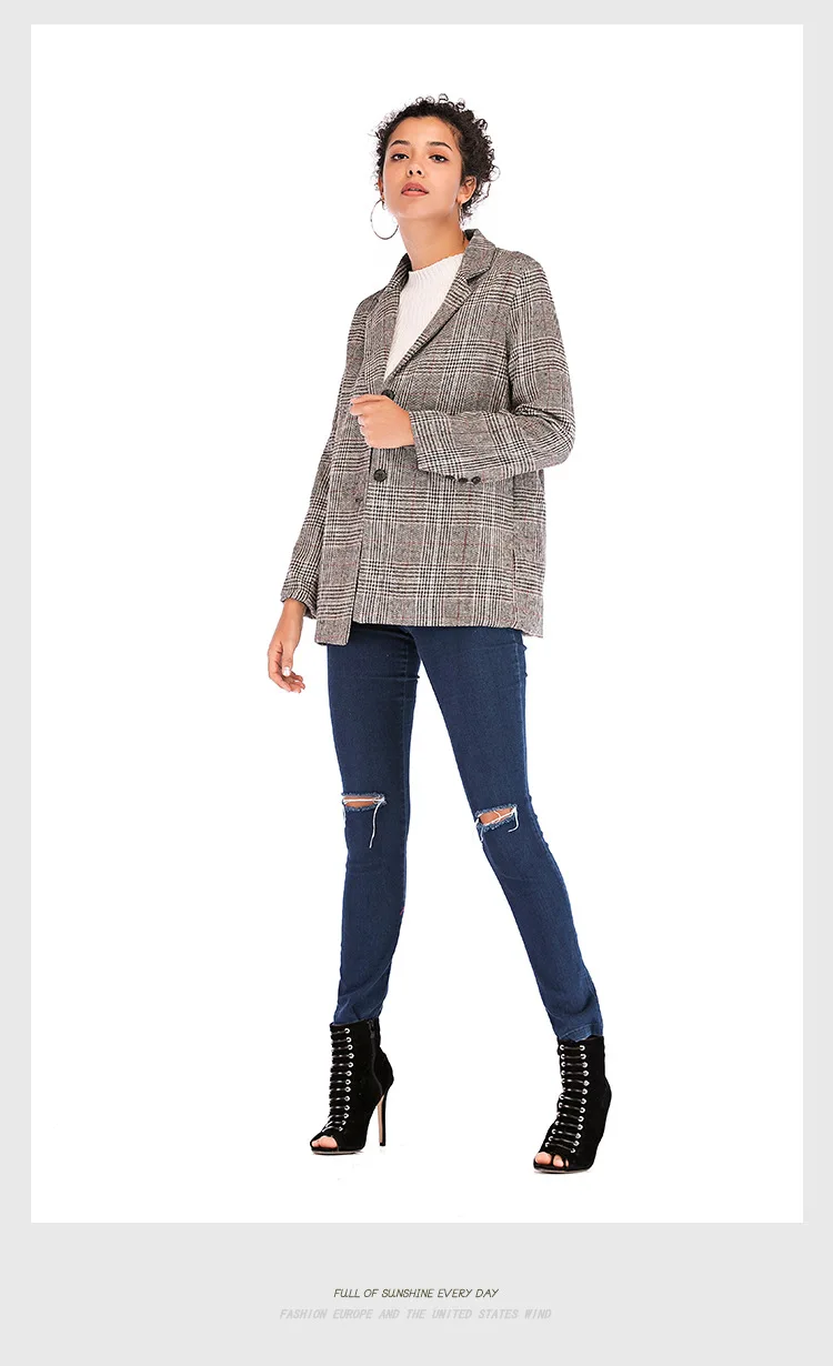Винтажный однобортный клетчатый Блейзер, женские элегантные пиджаки с рисунком "гусиная лапка", Женское пальто с длинным рукавом, Женское пальто, верхняя одежда