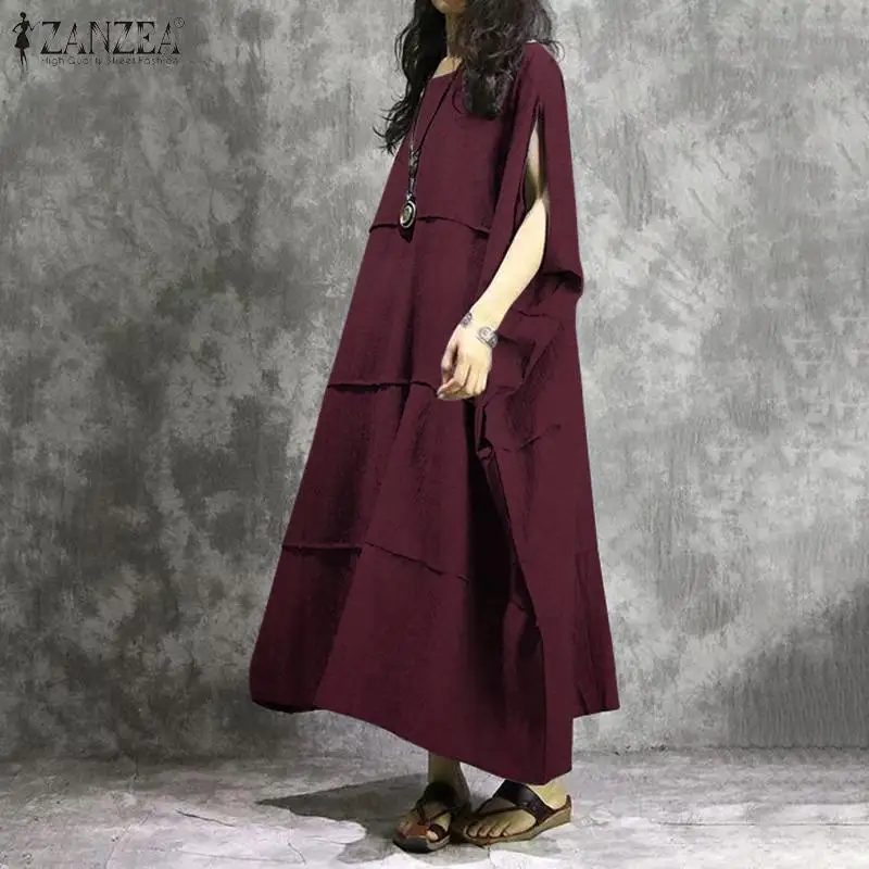 ZANZEA Винтаж для женщин с открытыми плечами сарафан летнее длинное платье Vestido кафтан Половина рукава Твердые мешковатые хлопковые льняные платья туника