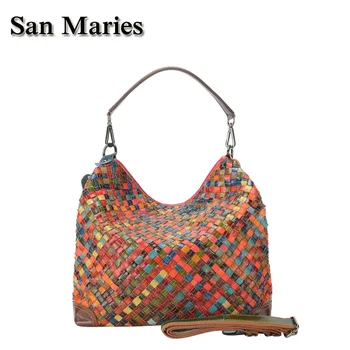 

San Maries Brand Large Women's Leather Handbags High Quality Female Hobos Color Block Woven Ladies Shoulder Tote Messenger Bags