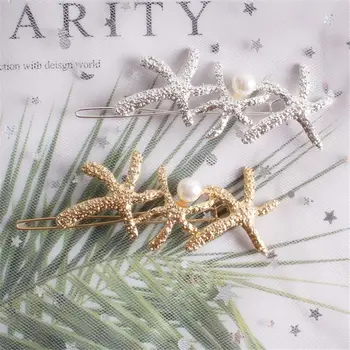

New Ocean Style Minimalist Metal Alloy Frog Bobby Pins Women Girls Texture Starfish Imitation Pearl Beaded Hair Clip Snap Barret