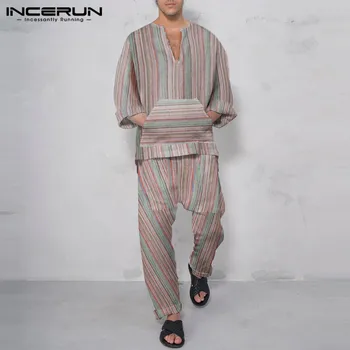 

Men Striped Sets Vintage Loose Long Sleeve V Neck Shirt Pockets Drop Crotch Pants 2020 Men Casual Suits Streetwear INCERUN S-5XL