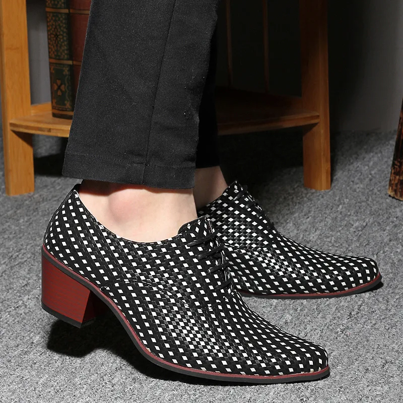 

New Style MEN'S Casual Shoes England Pointed-Toe Extra High Trendy Shoes Hair Stylist Leather Shoes Black And White with Pattern