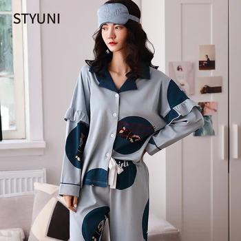 

Women 99% cotton cardigan autumn winter 2 two piece set women lapel long sleeve lace up pajamas женские костюмы костюм crop top