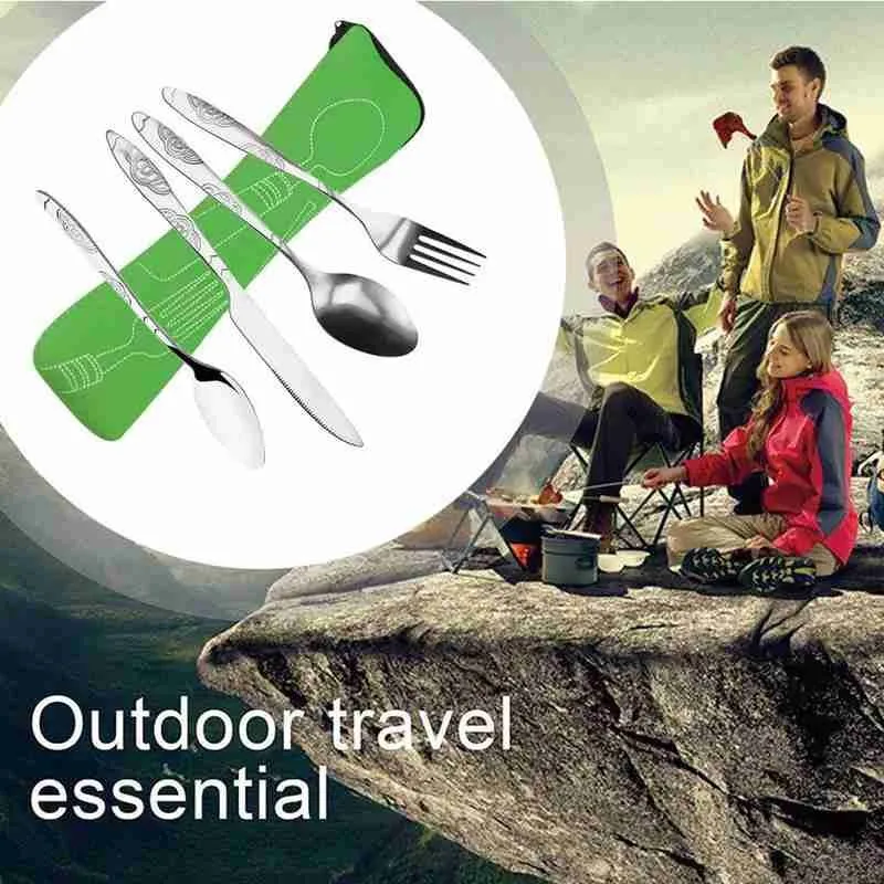 4pcs Steel Knifes Fork Spoon Family Travel Camping Cutlery Eyefuldiving Bag Picnic Steak Steel Cutlery Set