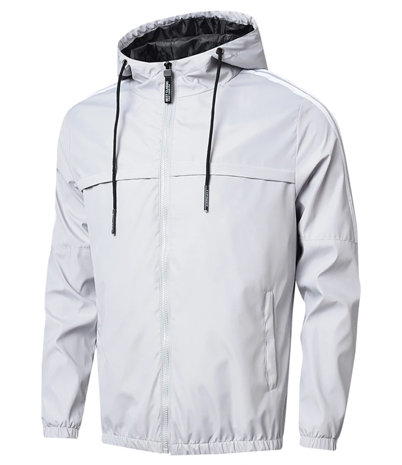 Light gray Spring autumn Mens Fashion Outerwear Men' S Windbreaker stripe Jackets Hooded Casual Sporting gym joggers Coats size M~7XL 8XL - Цвет: Light gray