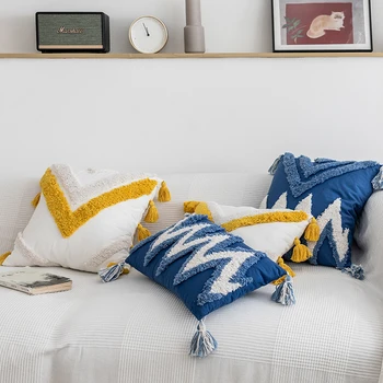 

Moroccan Style Abstract Zigzag Navy Blue Pillowcase Tassels Fringe Square Rectangle Pillow Cover Home Decoration