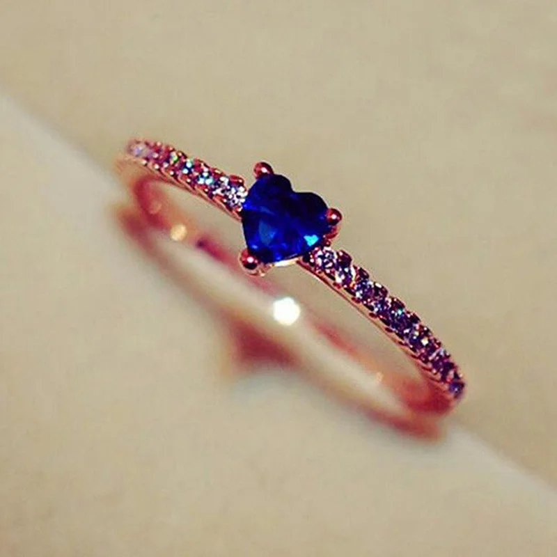Rose gold USTAR Элегантное сердце синий кубический цирконий Свадебные Кольца для женщин простые тонкие женские кольца для помолвки ювелирные изделия Anel подарок - Цвет основного камня: Rose gold