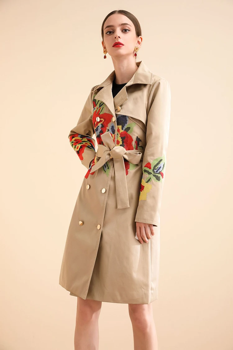 AELESEEN/весна, Офисная Женская ветровка, дизайн для подиума, роскошное крестовое пальто с цветочной вышивкой, длинное пальто с поясом