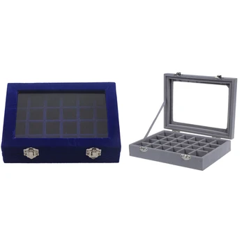 

2 Pcs 24 grid Display Box Jewelry Storage Glass Bracelet Watch pillow Buckle Grey & Blue
