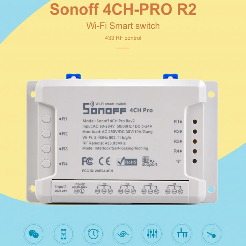 Online Original Sonoff 4ch R2 PRO Smart Switch 4 canales 433MHz 2,4G Wifi Control remoto módulos de automatización inteligente 10A electrodomésticos