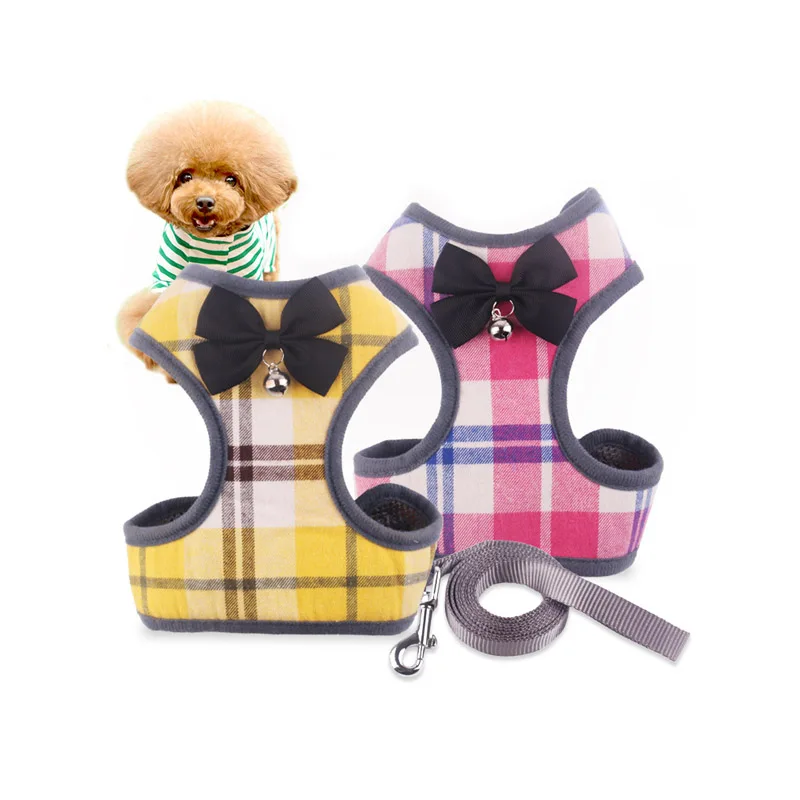 

Small Dog Harness And Leash Set Plaid Pet Cat Vest Harness With Bowknot Mesh Padded For Small Puppy Dogs Chihuahua Yorkies Pug