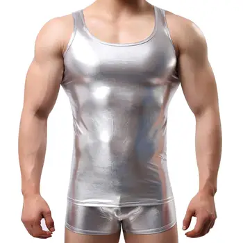 

Men Sexy Solid Color Sleeveless Low-cut Faux Leather Slim Vest Gym Tank Top