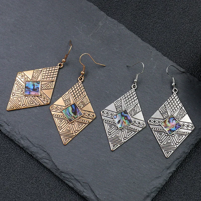 

Bohemian Vintage Earrings For Women 2019 Antique Silver Geometric Carving Texture Shells Drop Earrings Indian Jewelry Pendientes