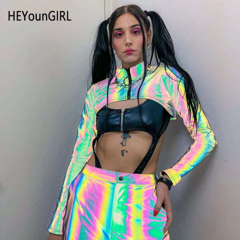 HEYounGIRL Повседневная Светоотражающая супер укороченная куртка топ Харадзюку хип хоп женские куртки пальто на молнии с длинными рукавами Осенняя уличная одежда