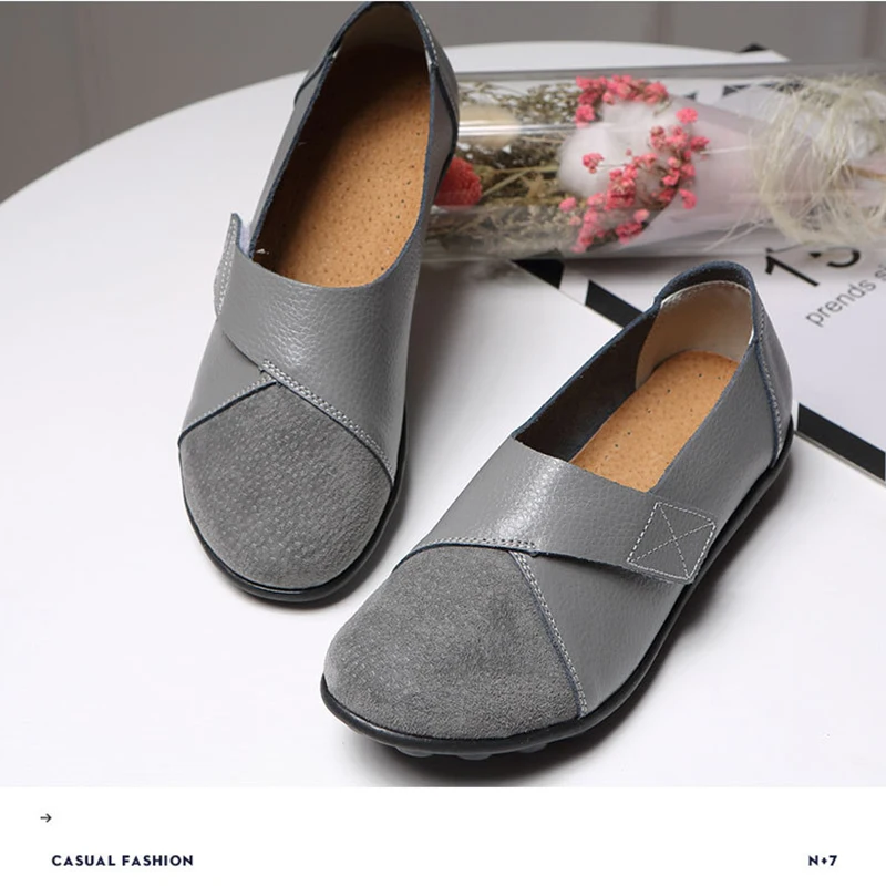 Woman's Flats Loafers Shoes Soft Genuine Leather Casual Shoes Big Size 35-44 Mocassin Boat for Women Hook Loop de mujer women shoes women flats casual shoes