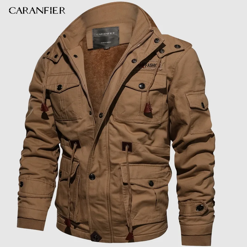 CARANFIER американский размер Мужские Зимние флисовые куртки теплое пальто с капюшоном теплая толстая верхняя одежда мужская военная куртка мужская брендовая одежда - Цвет: Хаки