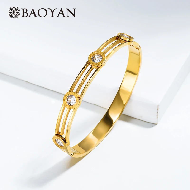 

Baoyan Gold Silver Stainless Steel Bangle Vintage Zircon Crystal Bangle Ladies Female 2019 Luxury Gold Bangle Bracelet For Women